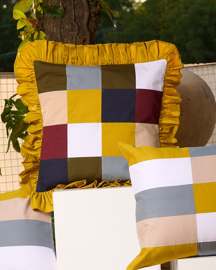 Rang Chaukor Patchwork Cushion Covers (Yellow Ochre ruffles)