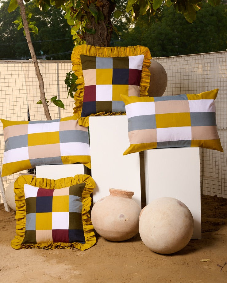Rang Chaukor Patchwork Cushion Covers (Yellow Ochre ruffles)