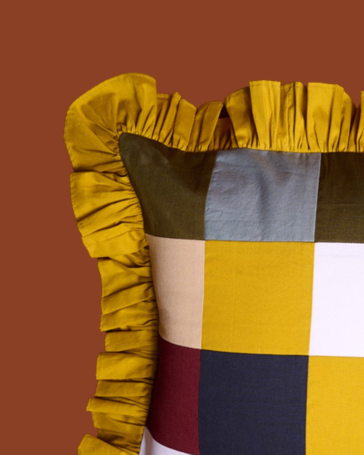 Rang Chaukor Patchwork Cushion Covers (Yellow Ochre ruffles)