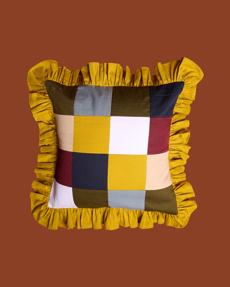 Rang Chaukor Patchwork Cushion Covers (Yellow Ochre ruffles)