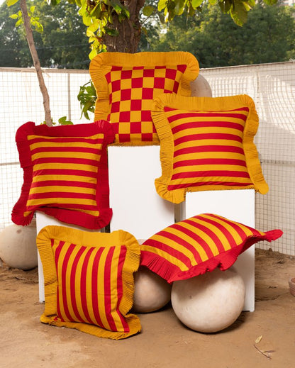 Ketchup Stripe Cushion - Mustard Ruffle