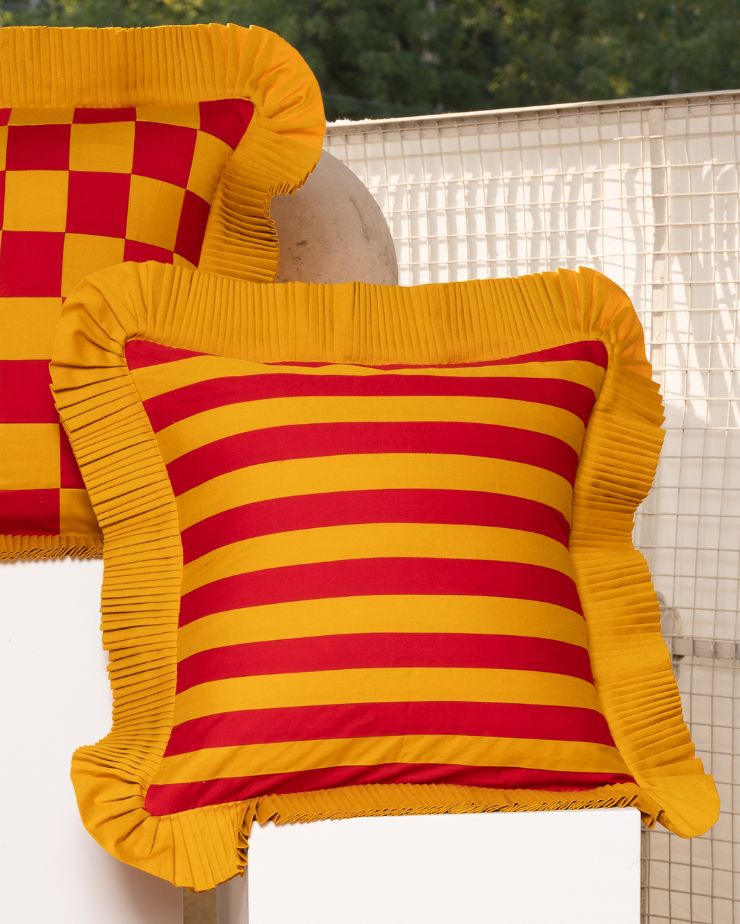 Ketchup Stripe Cushion - Mustard Ruffle