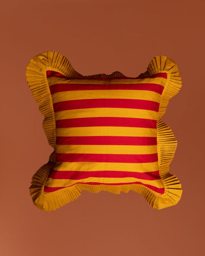 Ketchup Stripe Cushion - Mustard Ruffle