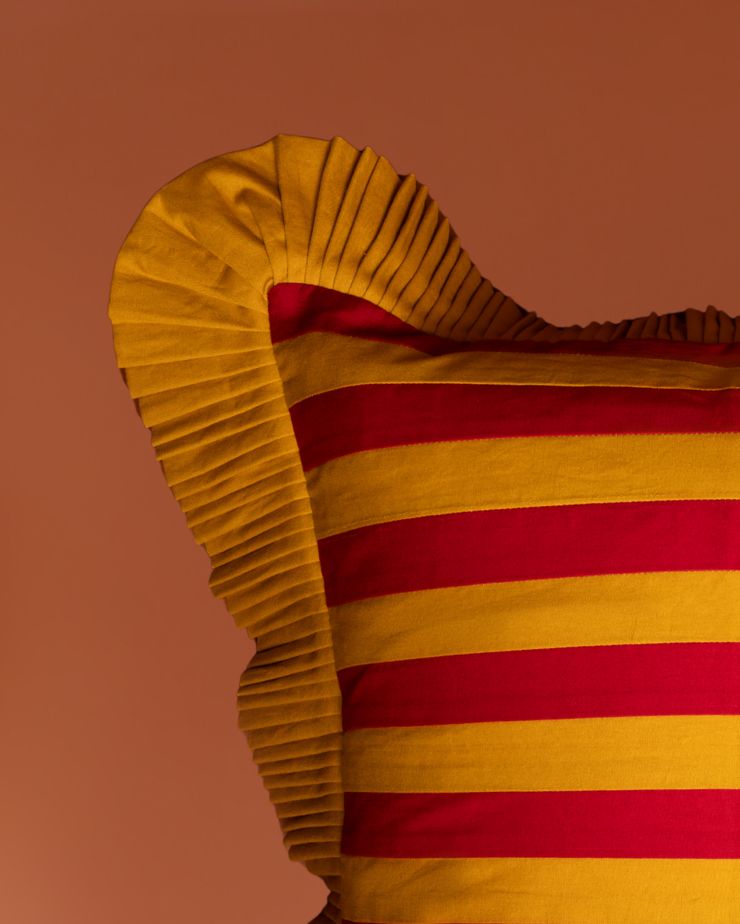 Ketchup Stripe Cushion - Mustard Ruffle